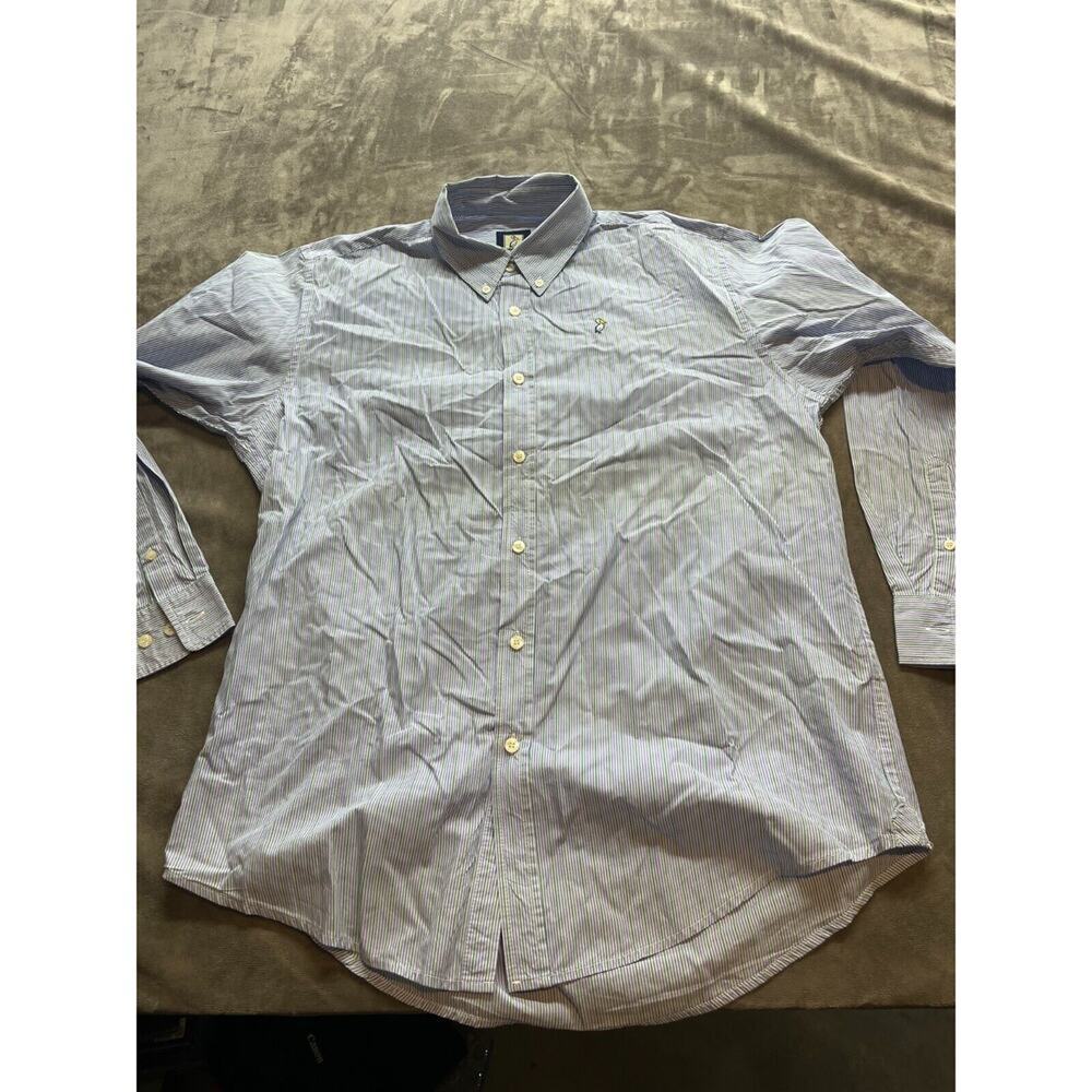 Mobile Bay Stripped Blue Button‎ Shirt Medium Pelican Bird Embroidered Logo
